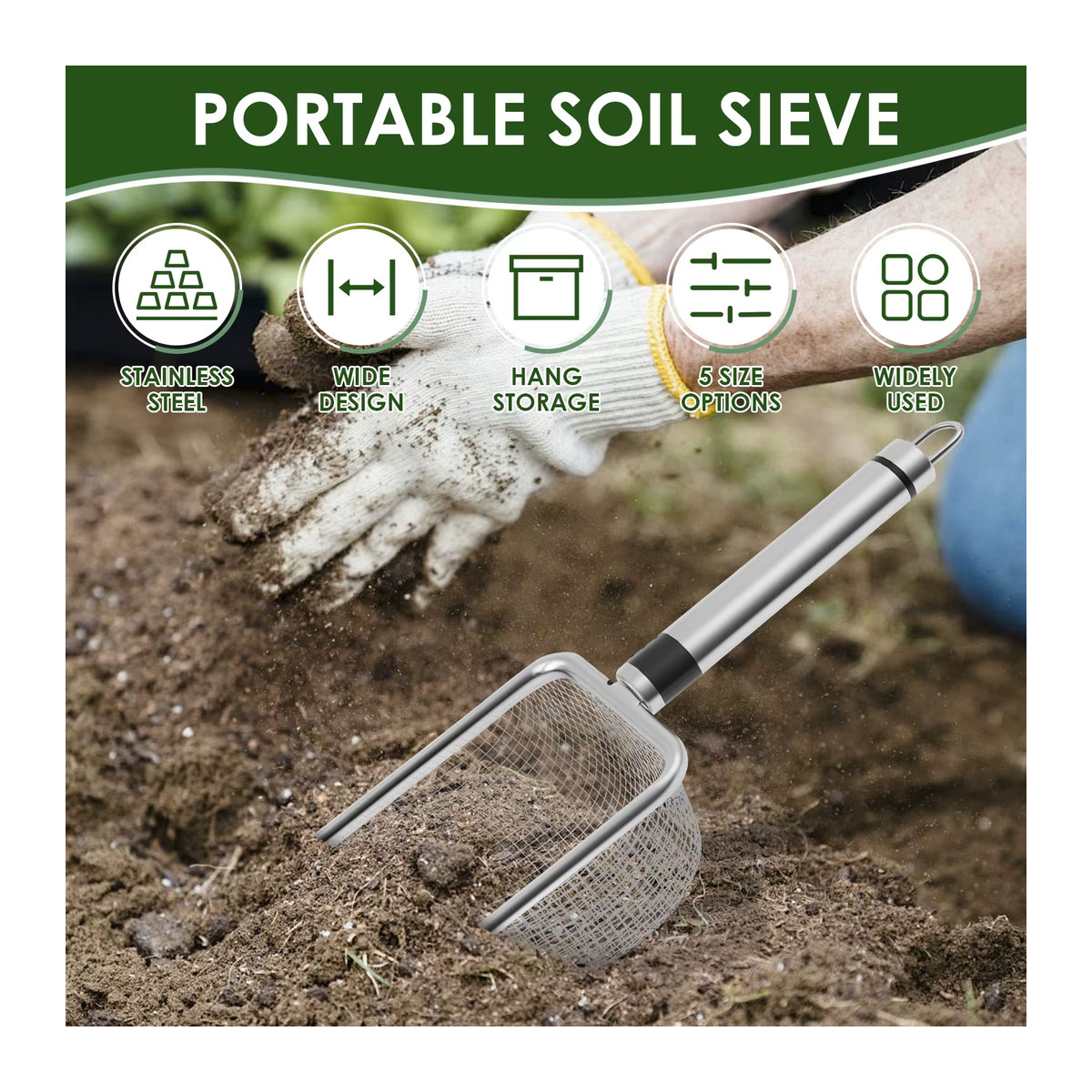 Toorise 5er Set Edelstahl Garten Bodensieb mit Griff zur Siebung von Sand und Kompost - Bild 5