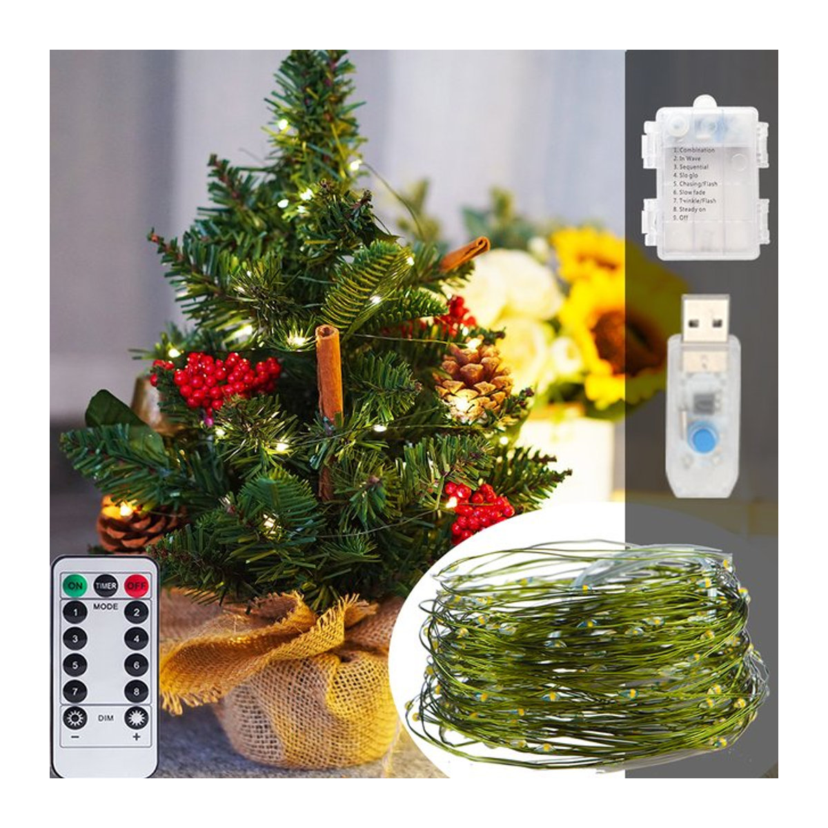 Topdii LED Fairy Lights mit Fernbedienung und USB/Batteriebetrieb, Grüner Kupferdraht für Weihnachten, Hochzeit und Party-Deko - Bild 1