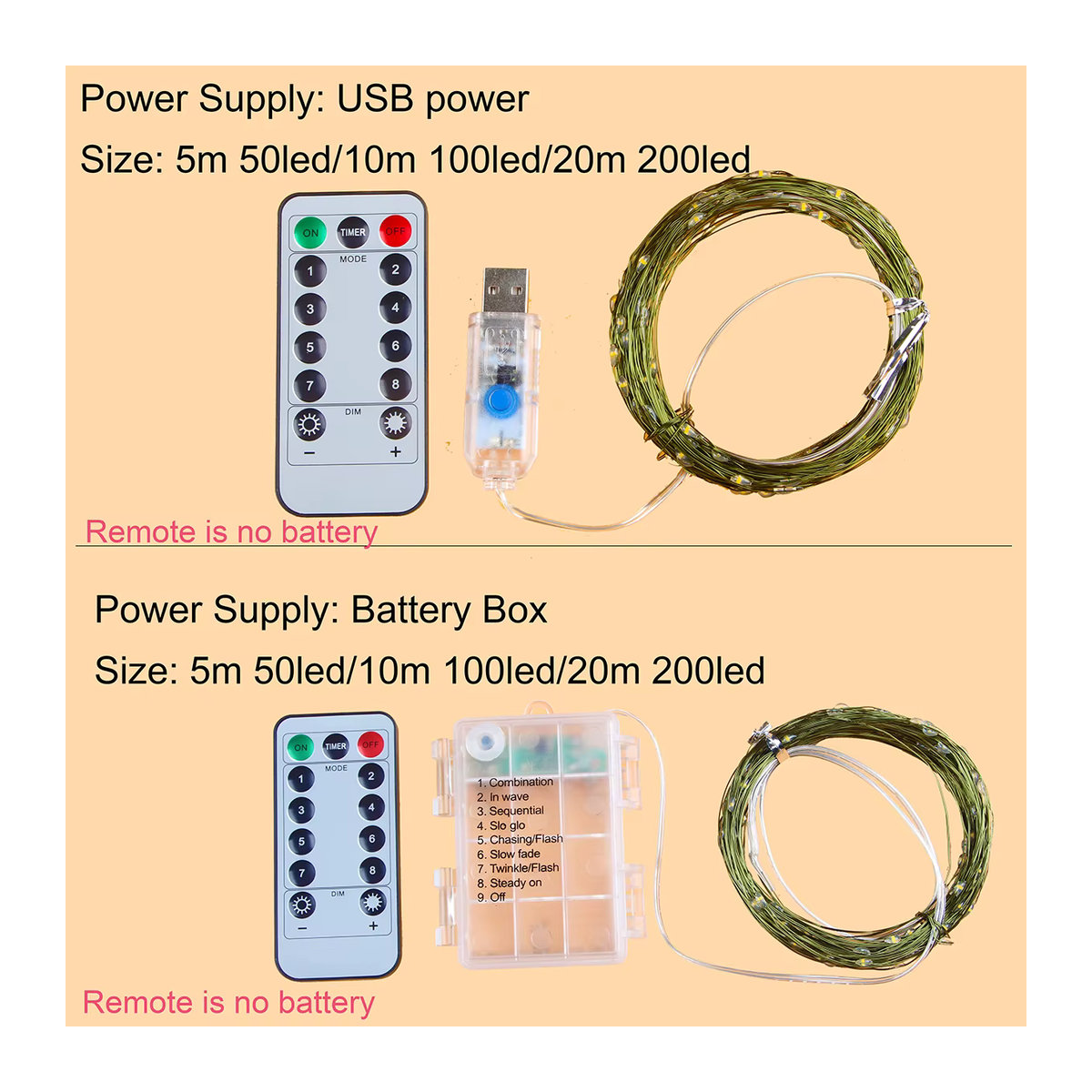 Topdii LED Fairy Lights mit Fernbedienung und USB/Batteriebetrieb, Grüner Kupferdraht für Weihnachten, Hochzeit und Party-Deko - Bild 2