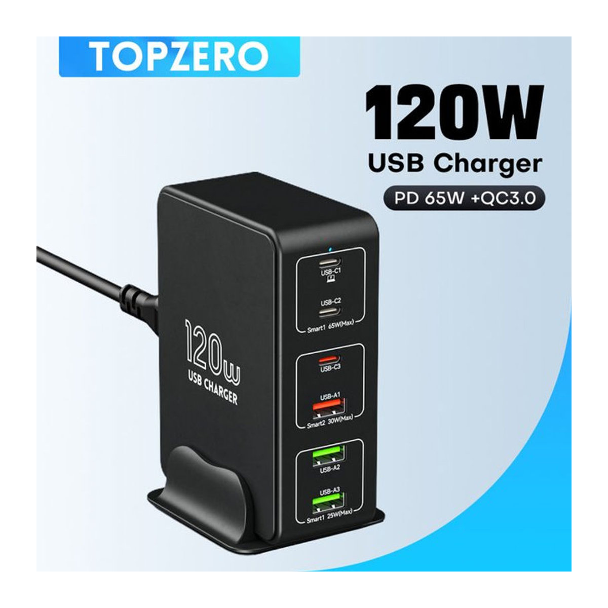 TOPZERO 120 W USB Typ C Desktop Ladestation mit 6 Ports, Schnelles PD 65 W Ladegerät für Laptop, Tablet, iPhone und Samsung, Schwarz, Minimalistisches Design - Bild 1