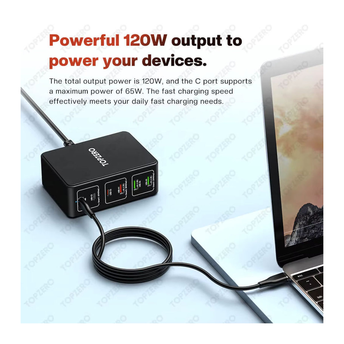 TOPZERO 120 W USB Typ C Desktop Ladestation mit 6 Ports, Schnelles PD 65 W Ladegerät für Laptop, Tablet, iPhone und Samsung, Schwarz, Minimalistisches Design - Bild 4