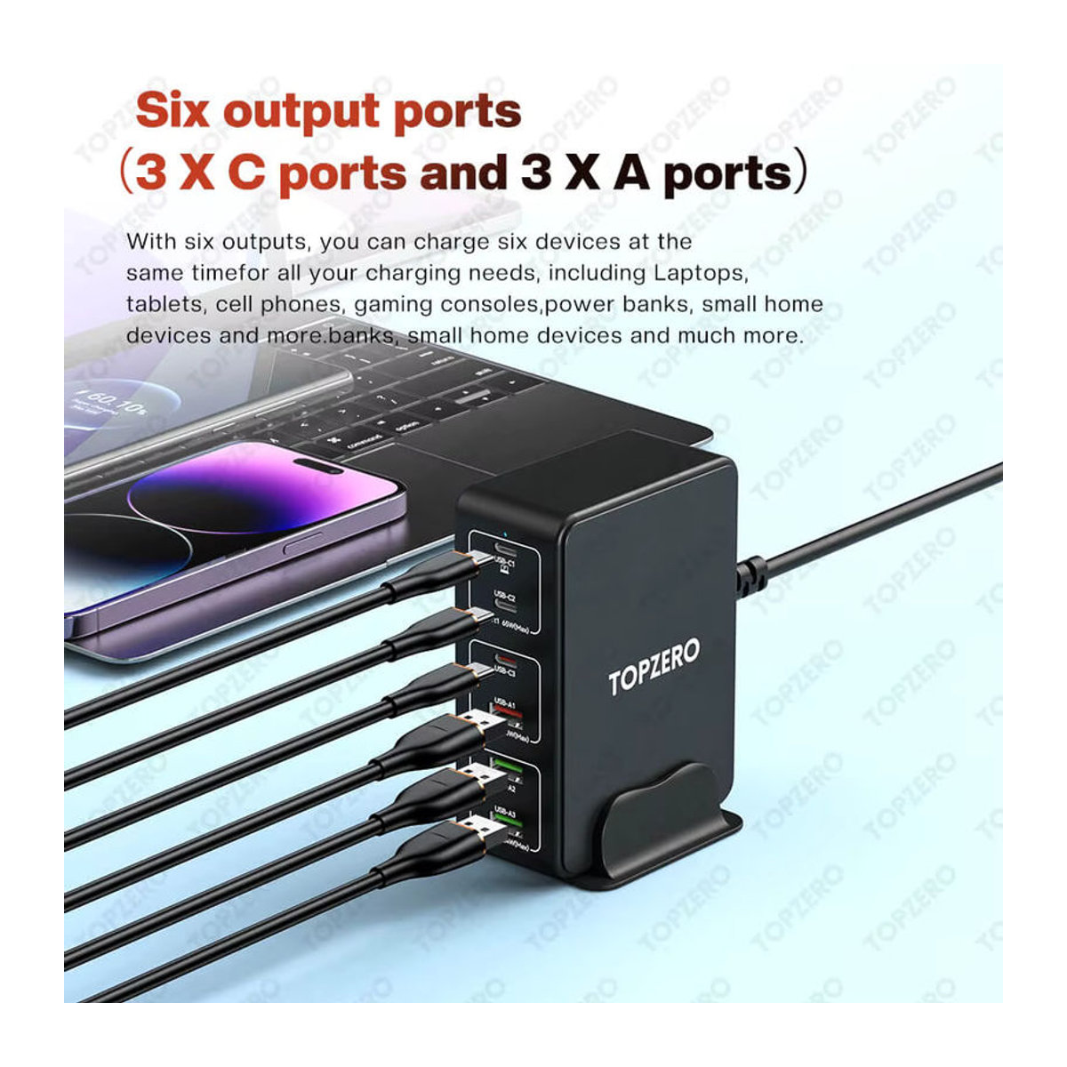 TOPZERO 120 W USB Typ C Desktop Ladestation mit 6 Ports, Schnelles PD 65 W Ladegerät für Laptop, Tablet, iPhone und Samsung, Schwarz, Minimalistisches Design - Bild 5