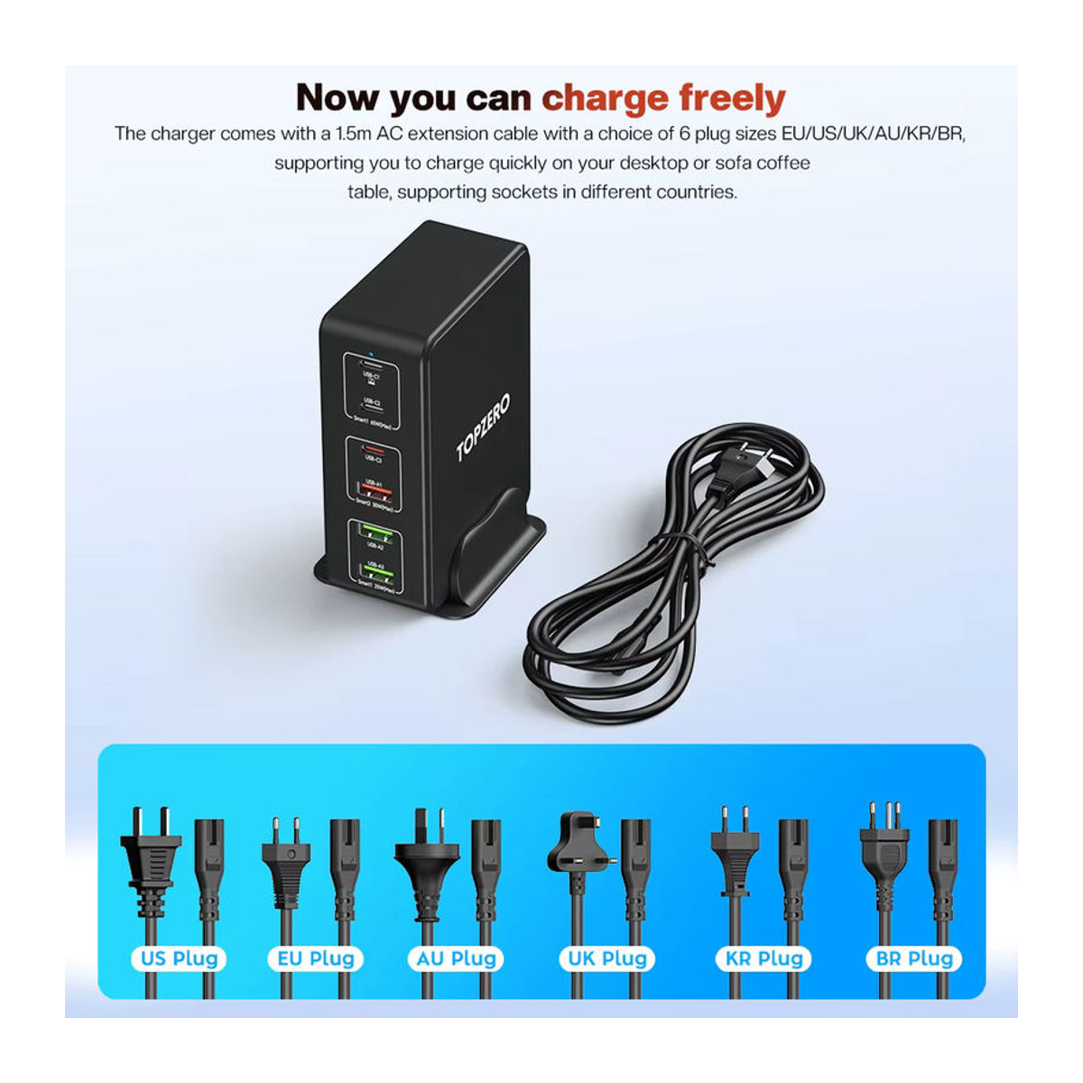 TOPZERO 120 W USB Typ C Desktop Ladestation mit 6 Ports, Schnelles PD 65 W Ladegerät für Laptop, Tablet, iPhone und Samsung, Schwarz, Minimalistisches Design - Bild 6