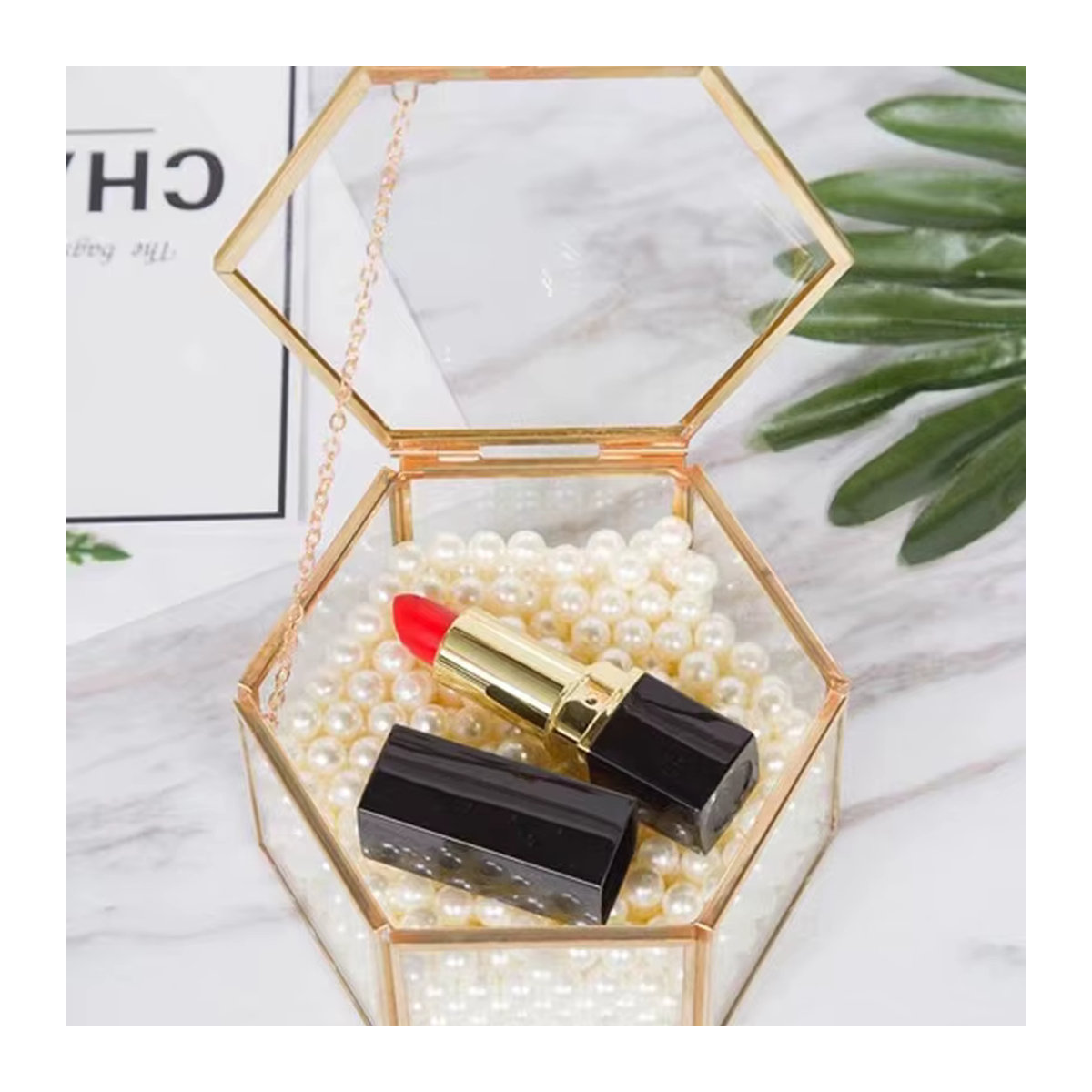 TPXCKz Schmuckbox aus Glas in Gold, sechseckige Retro-Ringbox für deine Geschenke - Bild 2