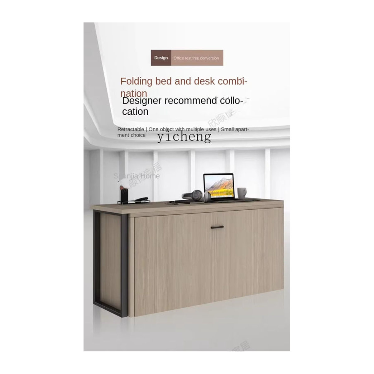 Tqh Multifunktionales Wandbett in Natur mit integriertem Schreibtisch, Kleiderschrank und Bücherregal im minimalistischen Design - Bild 2
