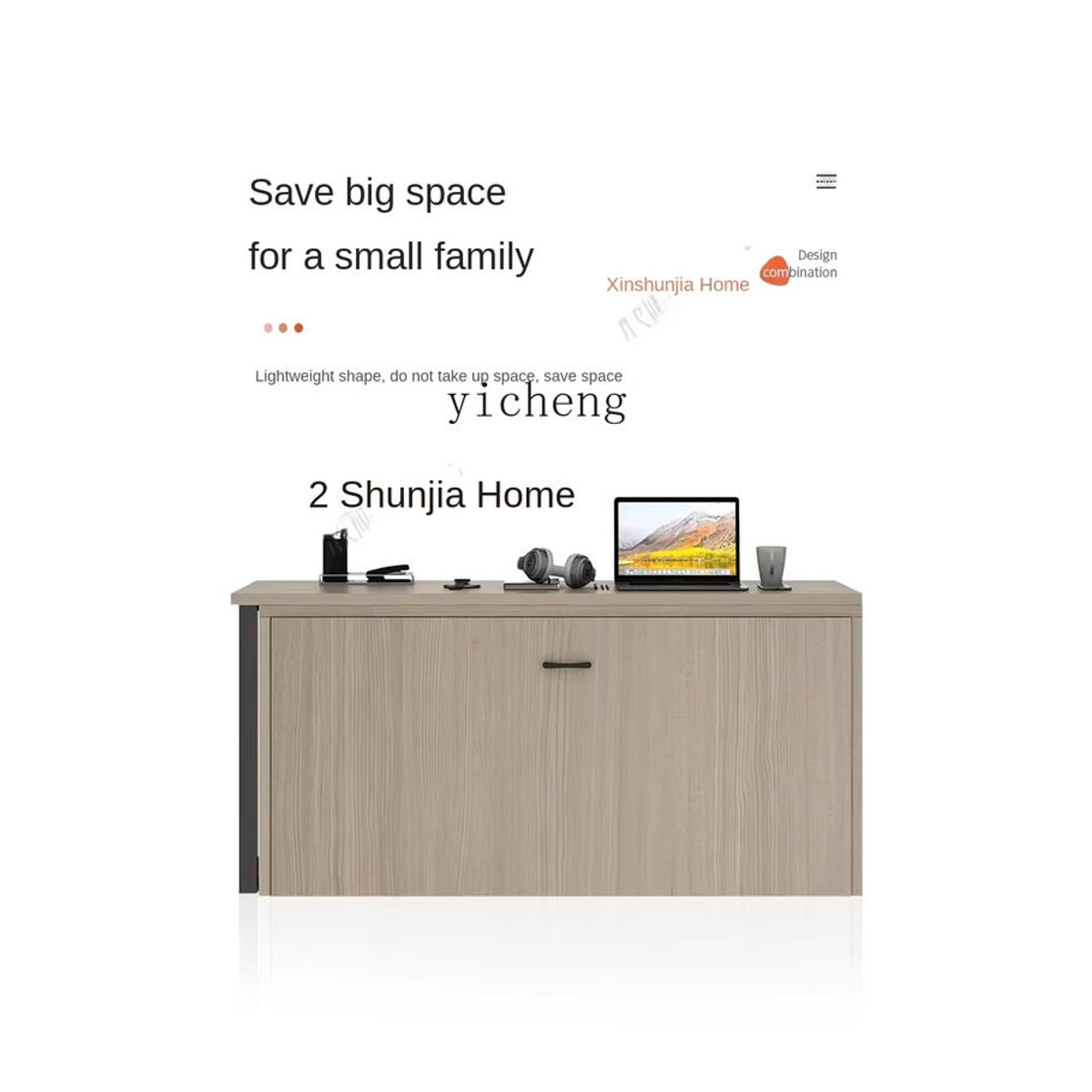 Tqh Multifunktionales Wandbett in Natur mit integriertem Schreibtisch, Kleiderschrank und Bücherregal im minimalistischen Design - Bild 3