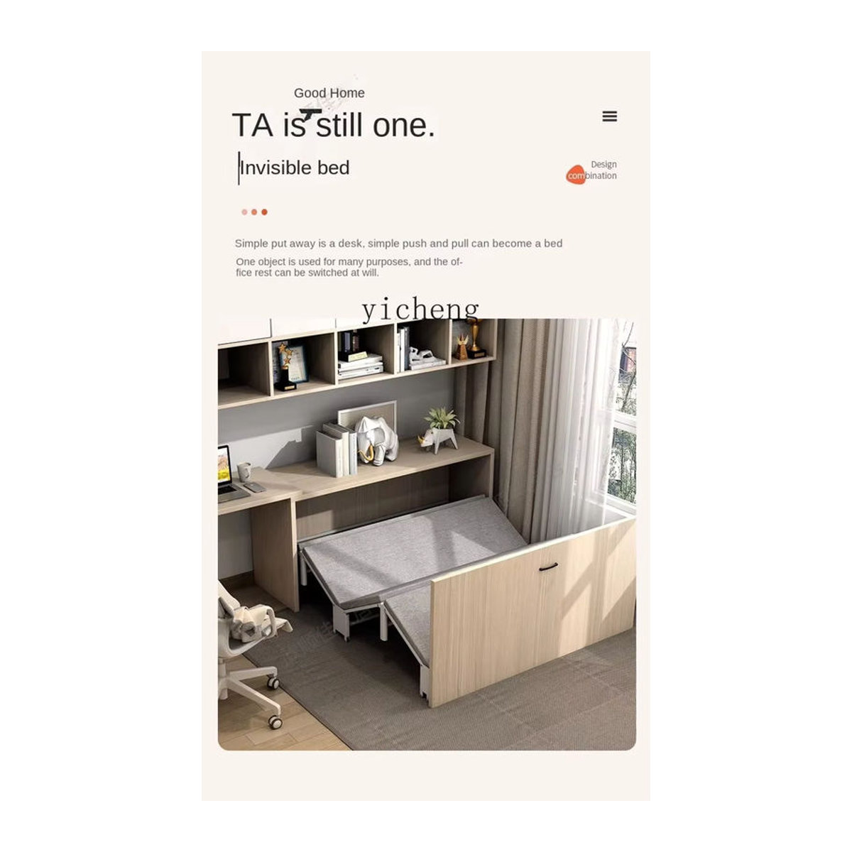 Tqh Multifunktionales Wandbett in Natur mit integriertem Schreibtisch, Kleiderschrank und Bücherregal im minimalistischen Design - Bild 4