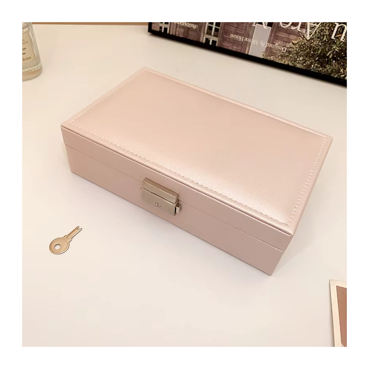 Tragbare Reise-Schmuckbox im europäischen Stil mit Schloss für Ohrringe und Halsketten, Staubdichte Aufbewahrungsbox in Hellrosa - Bild 2
