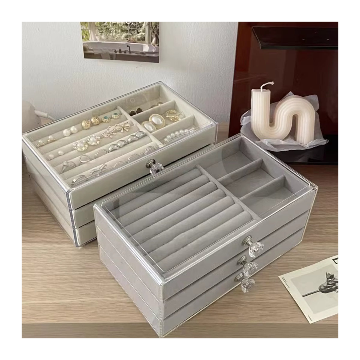 Tragbare Schmuck-Aufbewahrungsbox aus Samt mit transparentem Deckel für Ohrringe und Halsketten, Beige, 1-lagig - Bild 1