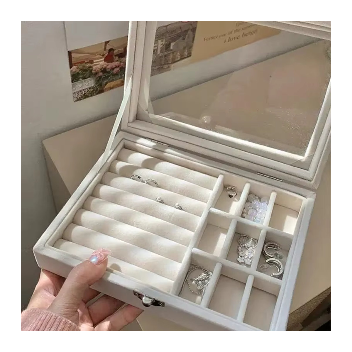 Tragbare Schmuck-Aufbewahrungsbox aus Samt mit transparentem Deckel für Ohrringe und Halsketten, Beige, 1-lagig - Bild 2