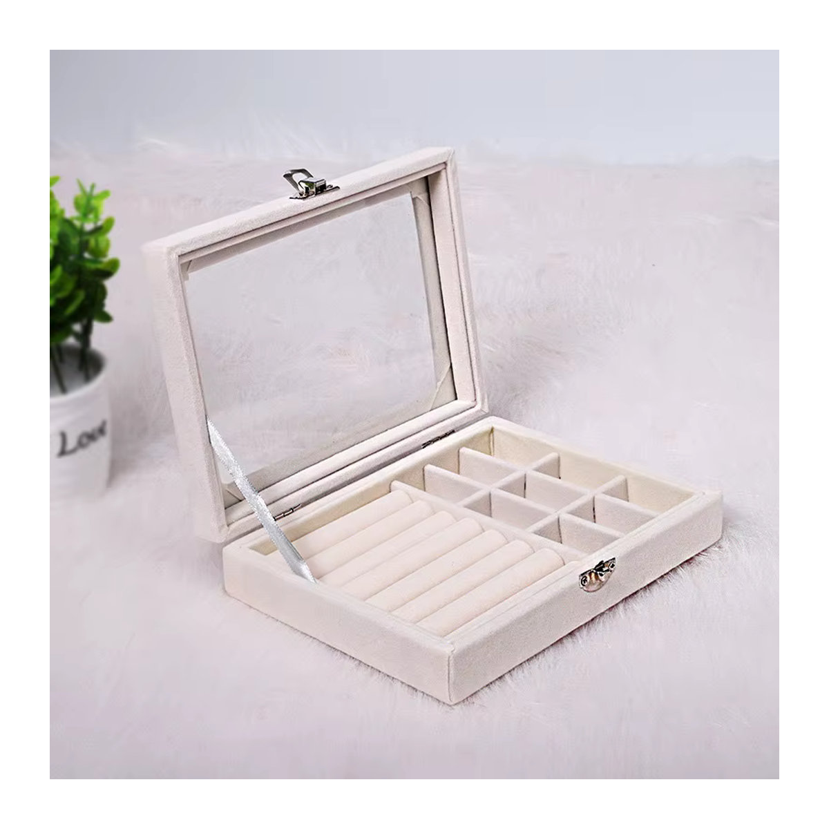 Tragbare Schmuck-Aufbewahrungsbox aus Samt mit transparentem Deckel für Ohrringe und Halsketten, Beige, 1-lagig - Bild 3
