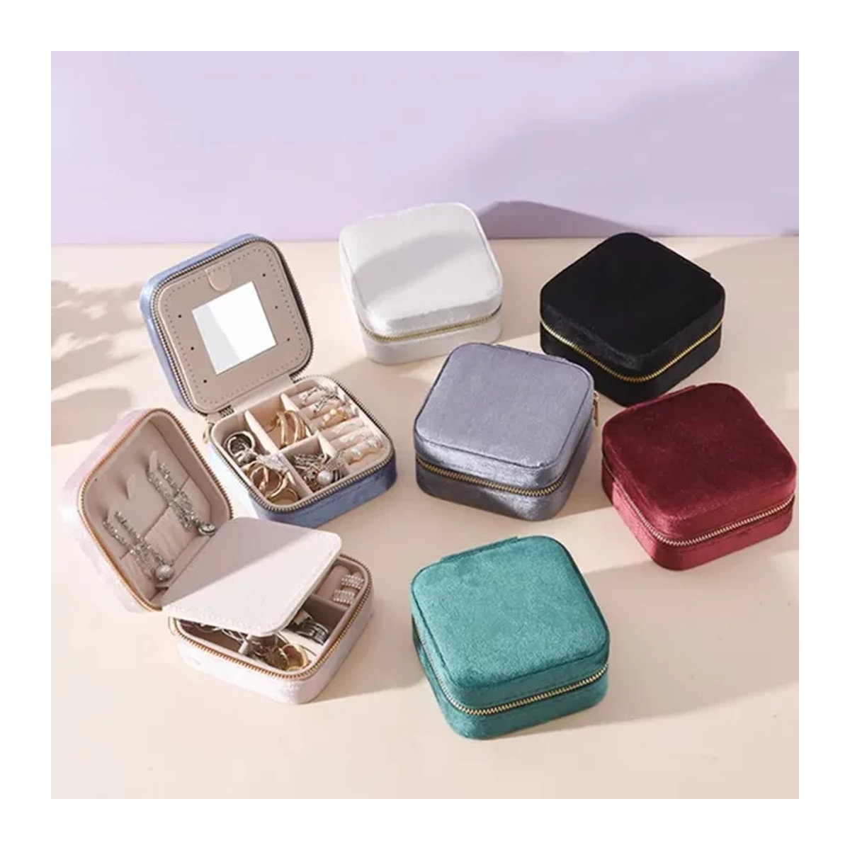 Tragbare Schmuck-Aufbewahrungsbox mit Spiegel und Reißverschluss, quadratischer Schmuck-Organizer für Ringe, Ohrringe und Halsketten in Hellblau - Bild 1