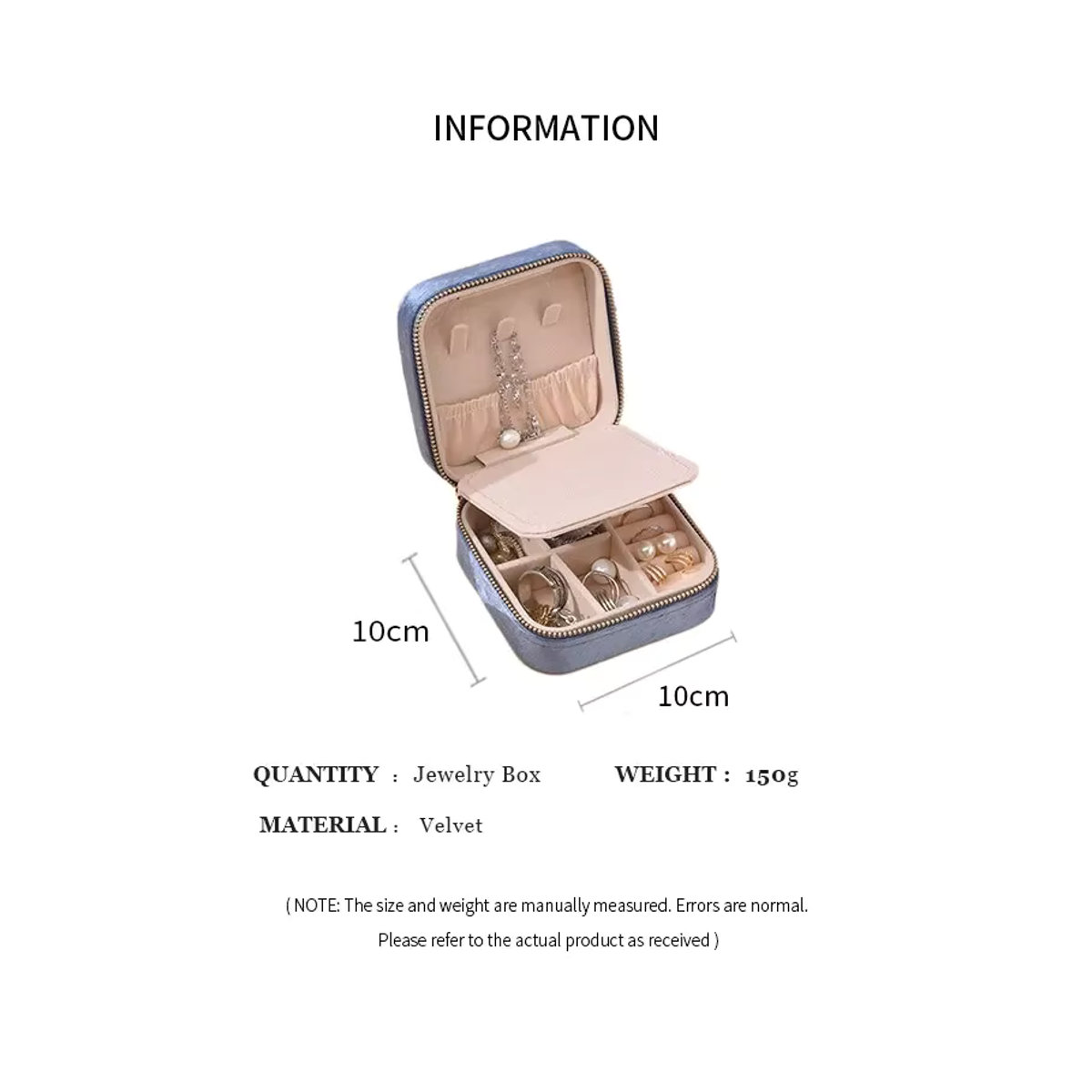 Tragbare Schmuck-Aufbewahrungsbox mit Spiegel und Reißverschluss, quadratischer Schmuck-Organizer für Ringe, Ohrringe und Halsketten in Hellblau - Bild 3