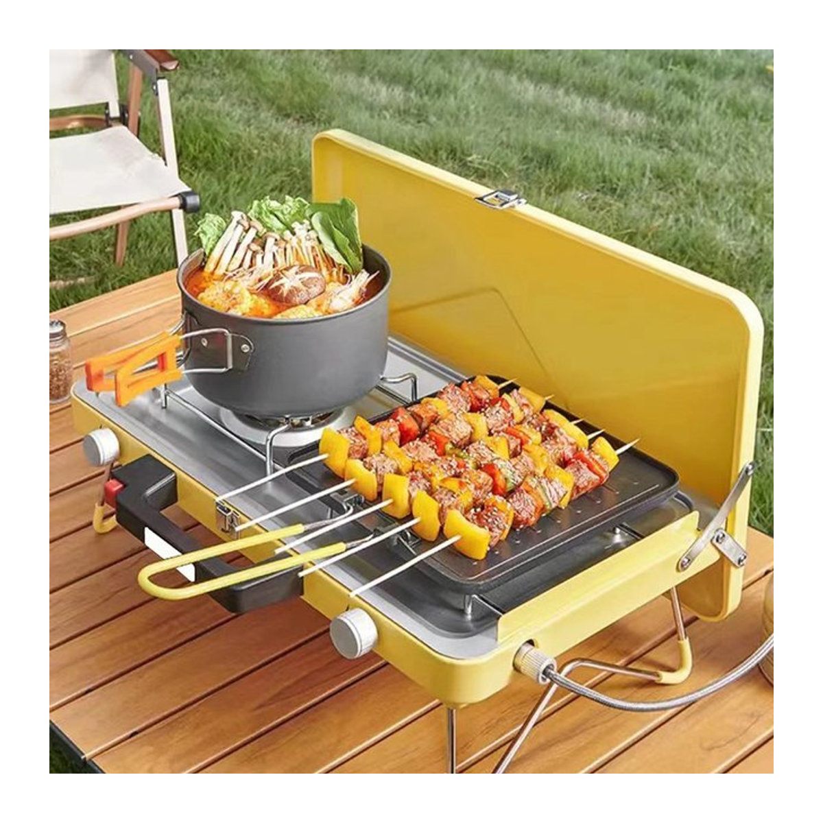 Tragbarer 2-Flammen-Campinggasherd in Gelb mit Regler für Outdoor und Terrasse - Bild 1