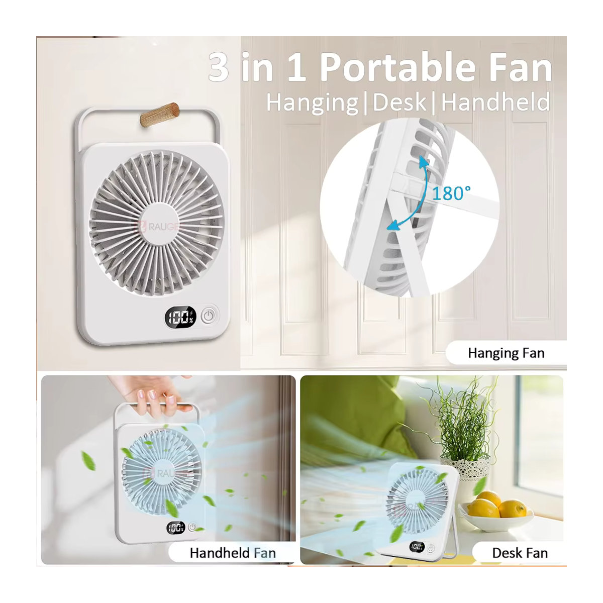 Tragbarer Mini-Tischventilator von raugee in Weiß, faltbarer USB-wiederaufladbarer Ventilator mit 5 Geschwindigkeitsstufen für Büro und Zuhause - Bild 2