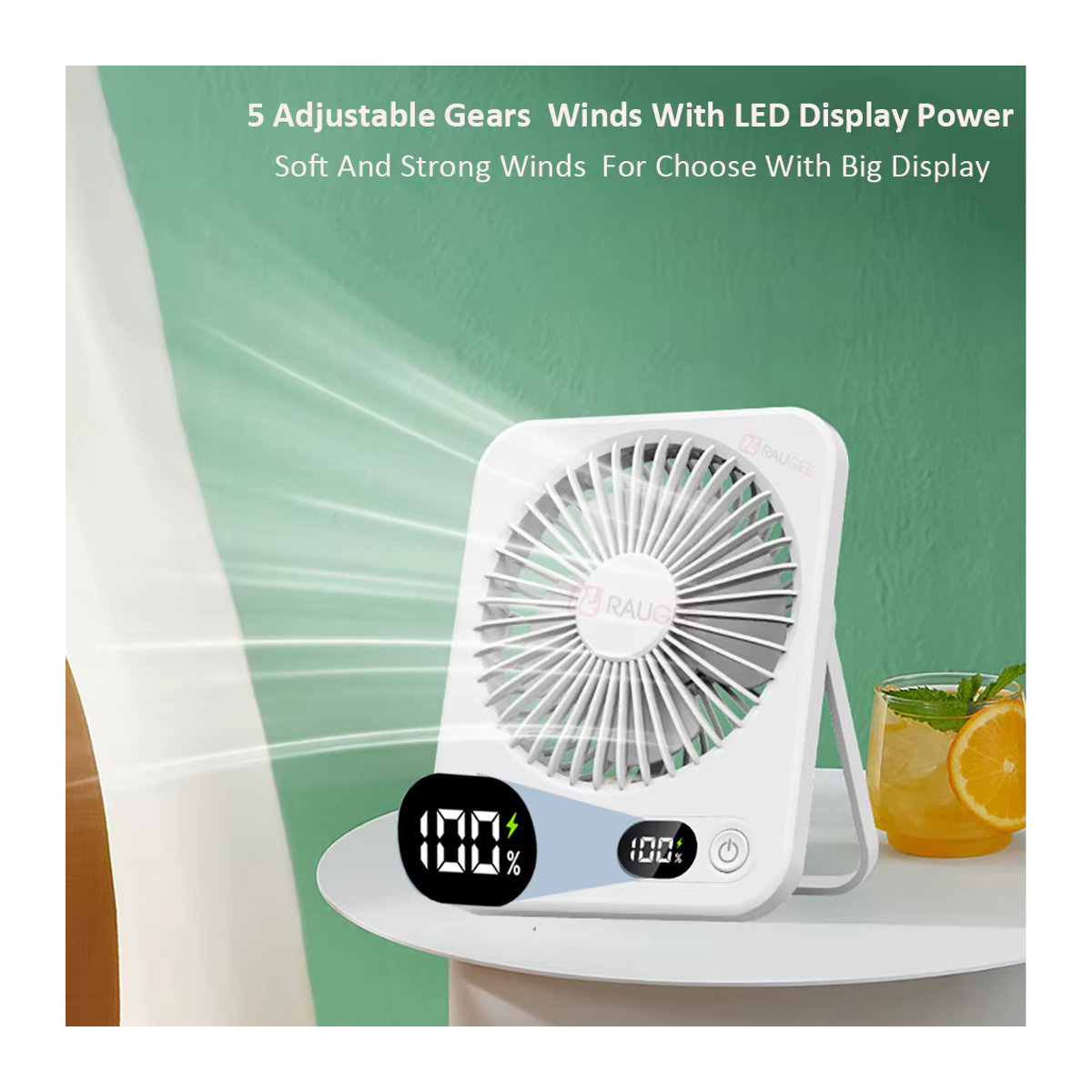 Tragbarer Mini-Tischventilator von raugee in Weiß, faltbarer USB-wiederaufladbarer Ventilator mit 5 Geschwindigkeitsstufen für Büro und Zuhause - Bild 3
