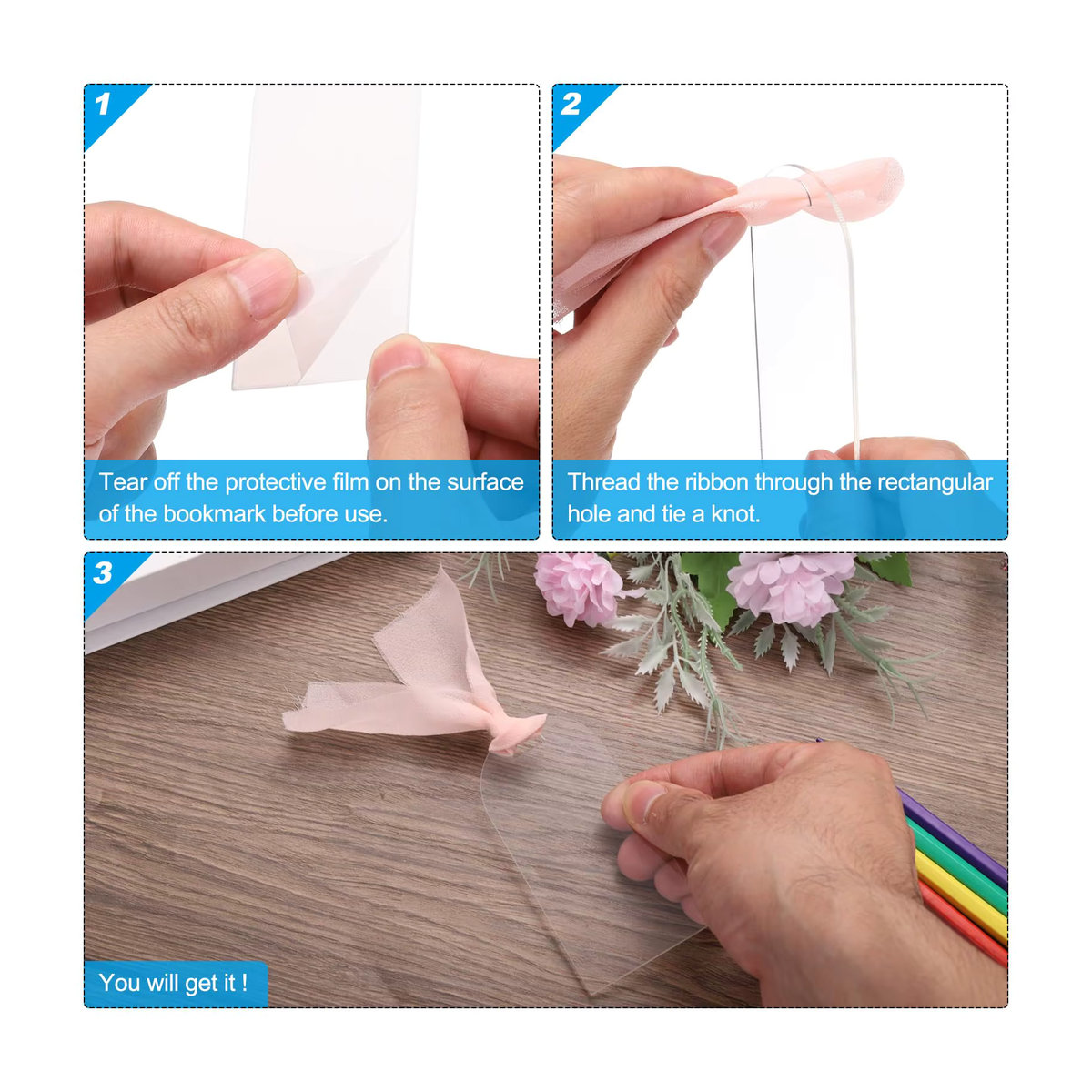 Transparente Acryl Tischkarten für Hochzeiten mit rosa Band zur DIY Gestaltung - Bild 2