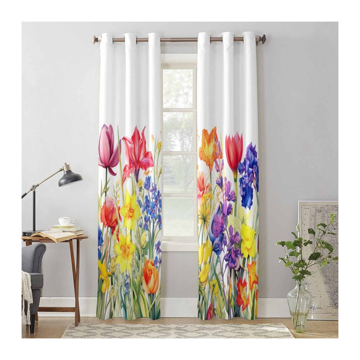 Transparente Aquarell Fenstervorhänge mit Frühlingsblumen für Wohnzimmer und Schlafzimmer, Breite: 135 cm, Höhe: 60 cm - Bild 1