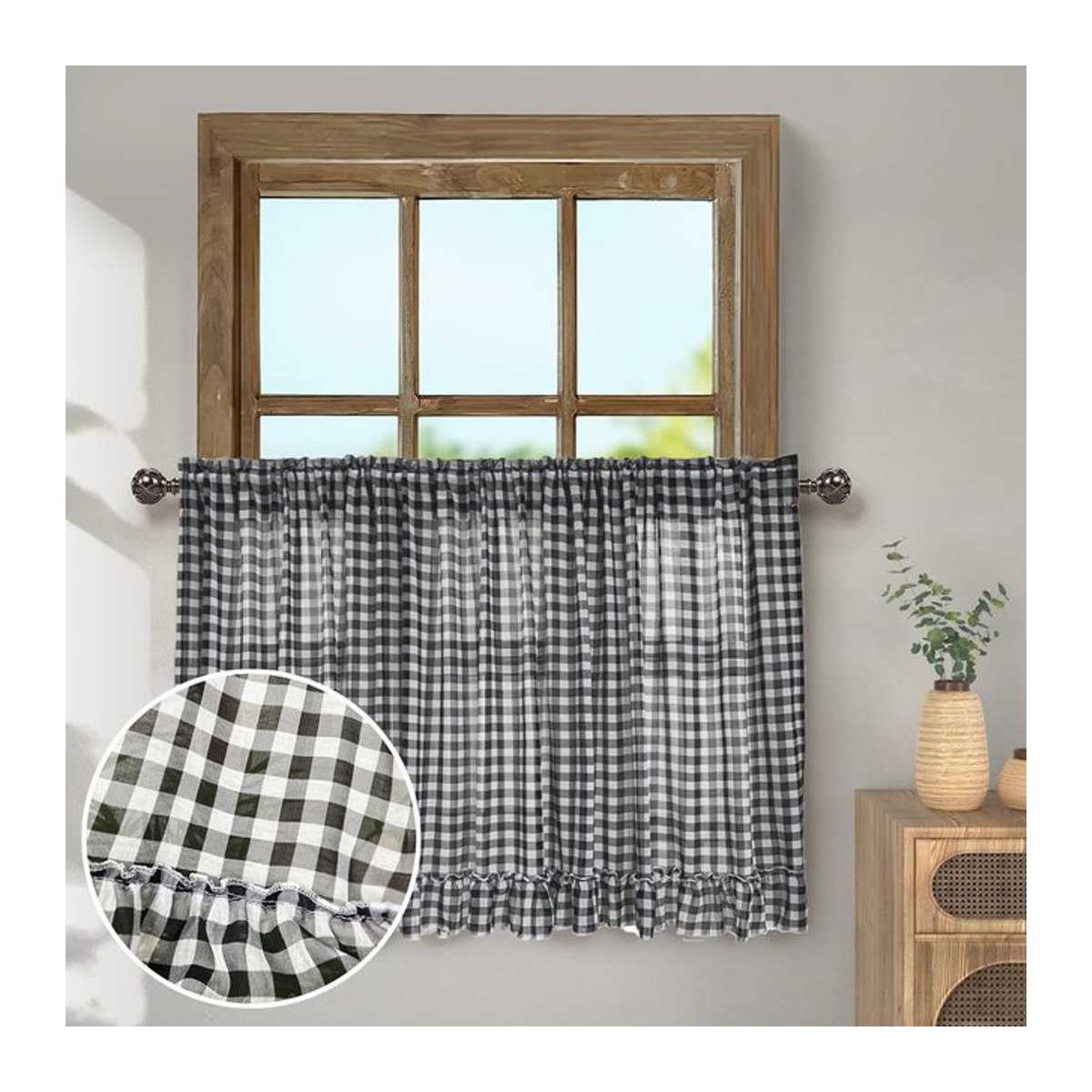 Transparente Chiffon-Küchenvorhänge mit geometrischem Gitter-Tier-Muster und Volant für Wohnzimmer, Badezimmer und Bauernhaus-Fenster - Bild 1