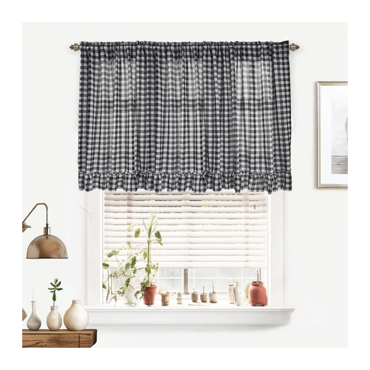 Transparente Chiffon-Küchenvorhänge mit geometrischem Gitter-Tier-Muster und Volant für Wohnzimmer, Badezimmer und Bauernhaus-Fenster - Bild 2