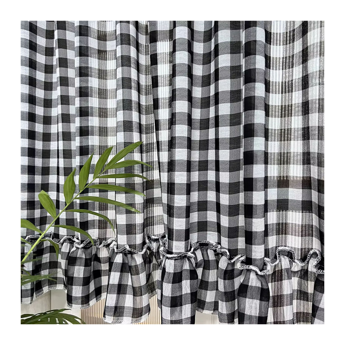 Transparente Chiffon-Küchenvorhänge mit geometrischem Gitter-Tier-Muster und Volant für Wohnzimmer, Badezimmer und Bauernhaus-Fenster - Bild 3