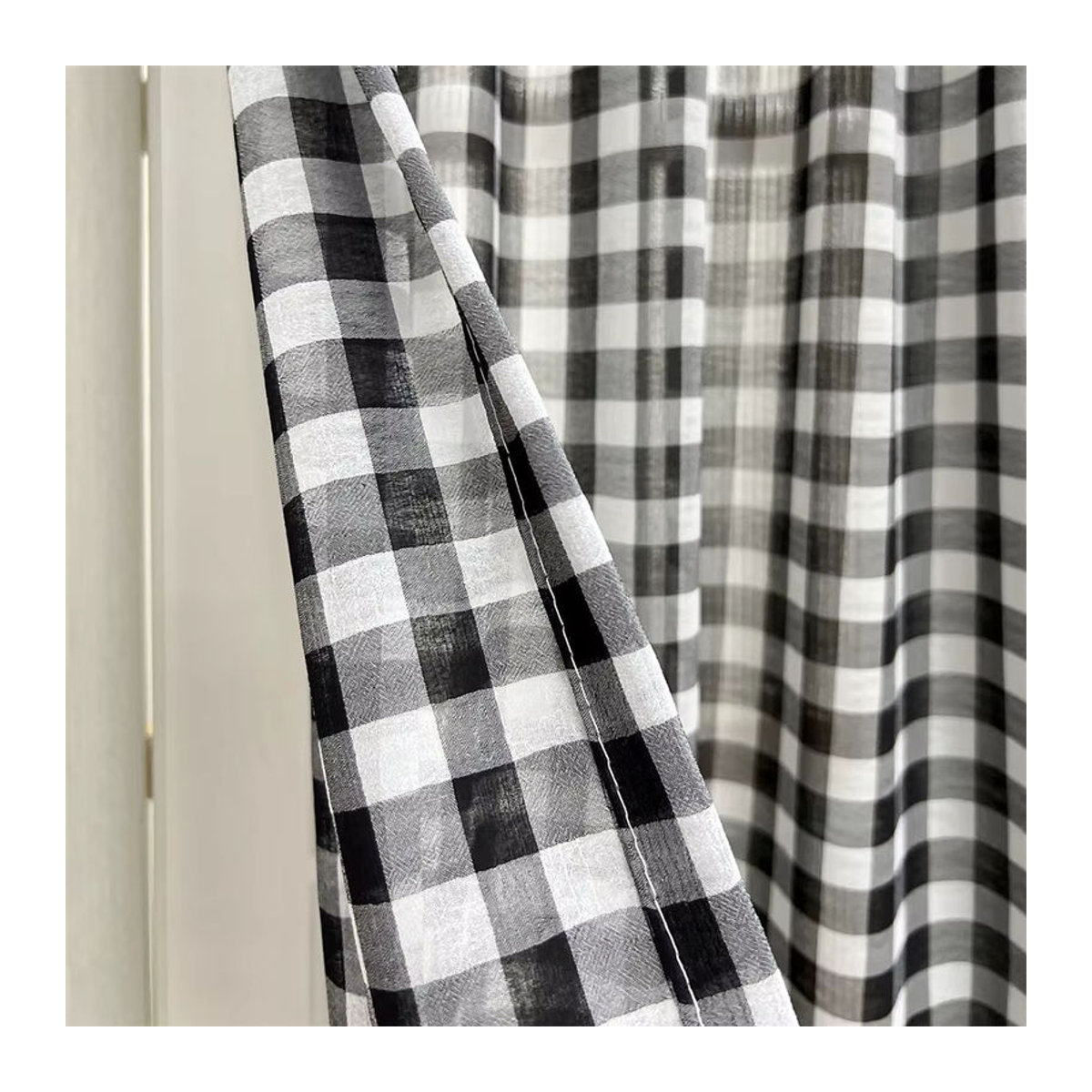 Transparente Chiffon-Küchenvorhänge mit geometrischem Gitter-Tier-Muster und Volant für Wohnzimmer, Badezimmer und Bauernhaus-Fenster - Bild 4