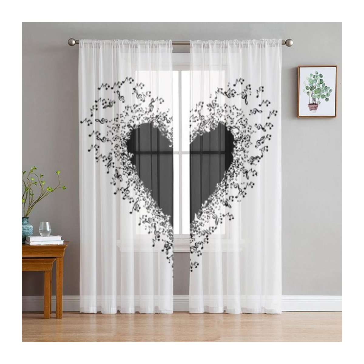 Transparente Chiffon-Tüllvorhänge mit Musik- und Herzmotiv für Wohnzimmer und Schlafzimmer, Farbe: transparent, B: 135 cm, H: 114 cm - Bild 1