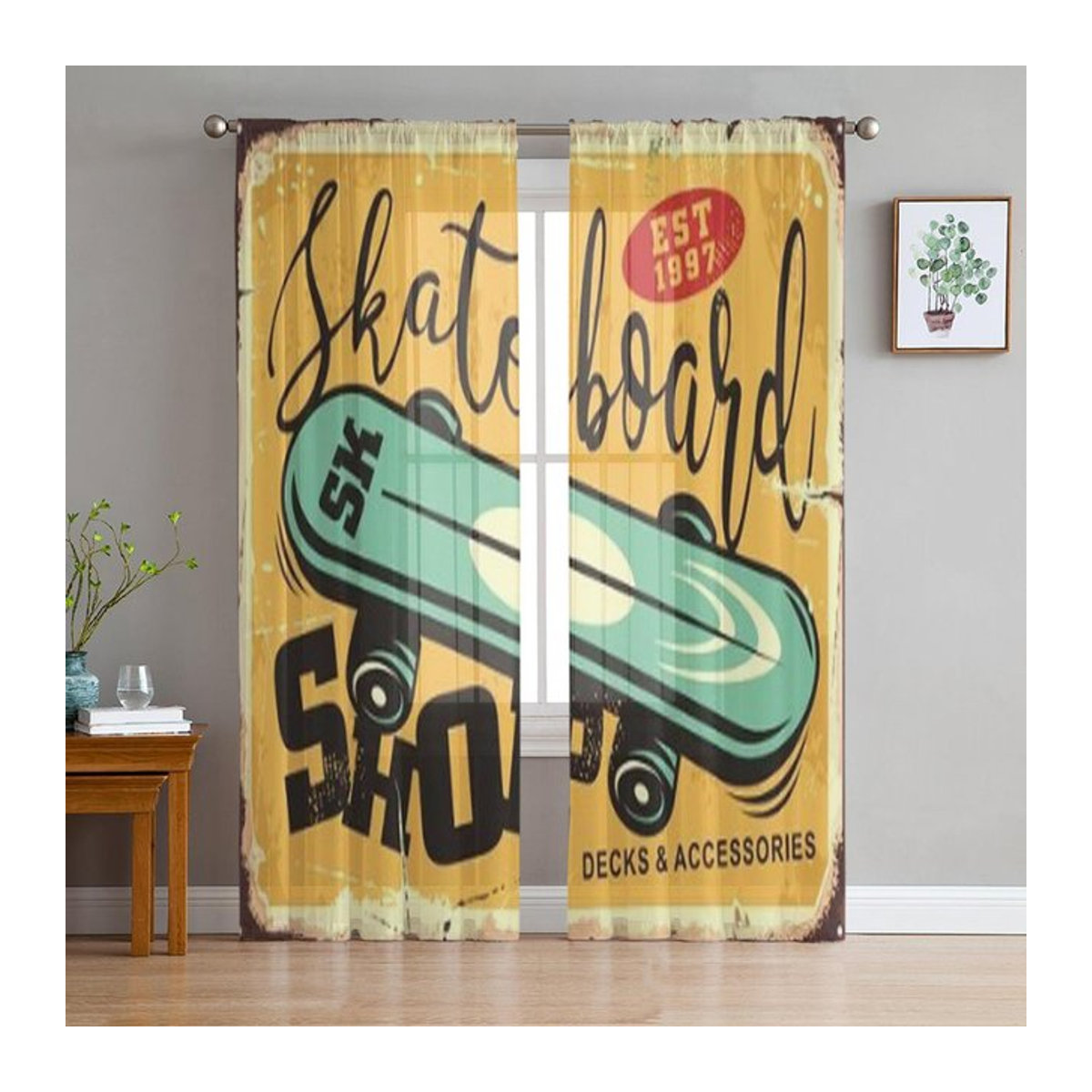Transparente Chiffon-Vorhänge im Retro Skateboarding Shop Comic Stil für Wohnzimmer und Schlafzimmer, Breite: 135 cm, Höhe: 114 cm - Bild 1