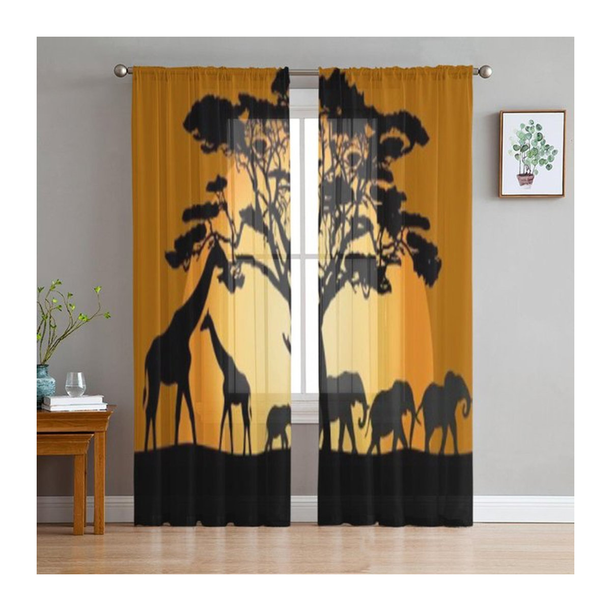 Transparente Chiffon-Vorhänge mit Landschaftsmotiv Elefant und Giraffe von Binchi Outdoor Equipment, Farbe Multicolor, B: 135 cm, H: 114 cm - Bild 1