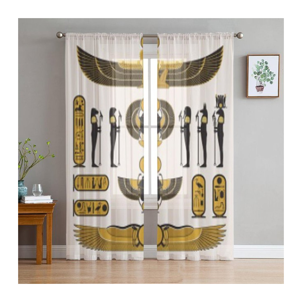 Transparente Organza-Tüllvorhänge mit altägyptischen Symbolen für Wohnzimmer, Schlafzimmer und Küche, B: 135 cm, H: 114 cm - Bild 1