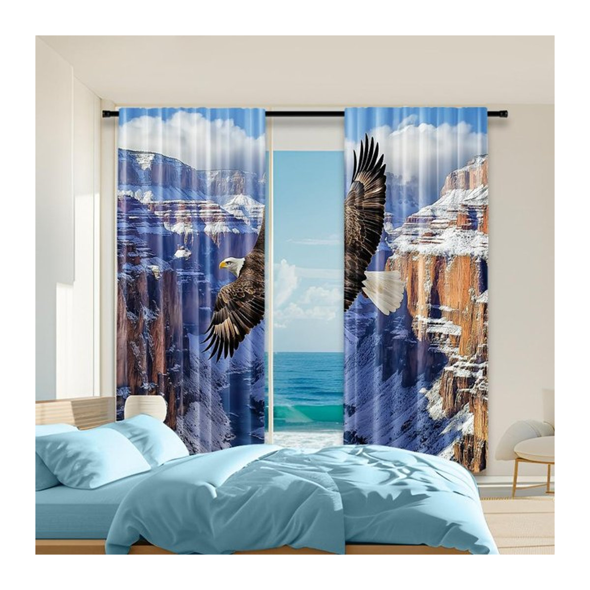 Transparente Polyester Vorhänge mit Adler-Motiv im Schneebedeckten Canyon Design, 2er Set, B: 100 cm, H: 70 cm - Bild 1