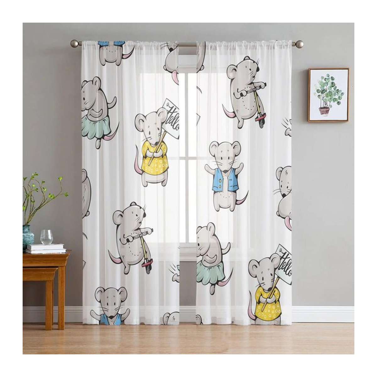 Transparente Tüll-Vorhänge mit Cartoon Maus Roller Print für Wohnzimmer, Schlafzimmer und Flur, Breite: 135 cm, Höhe: 114 cm - Bild 1