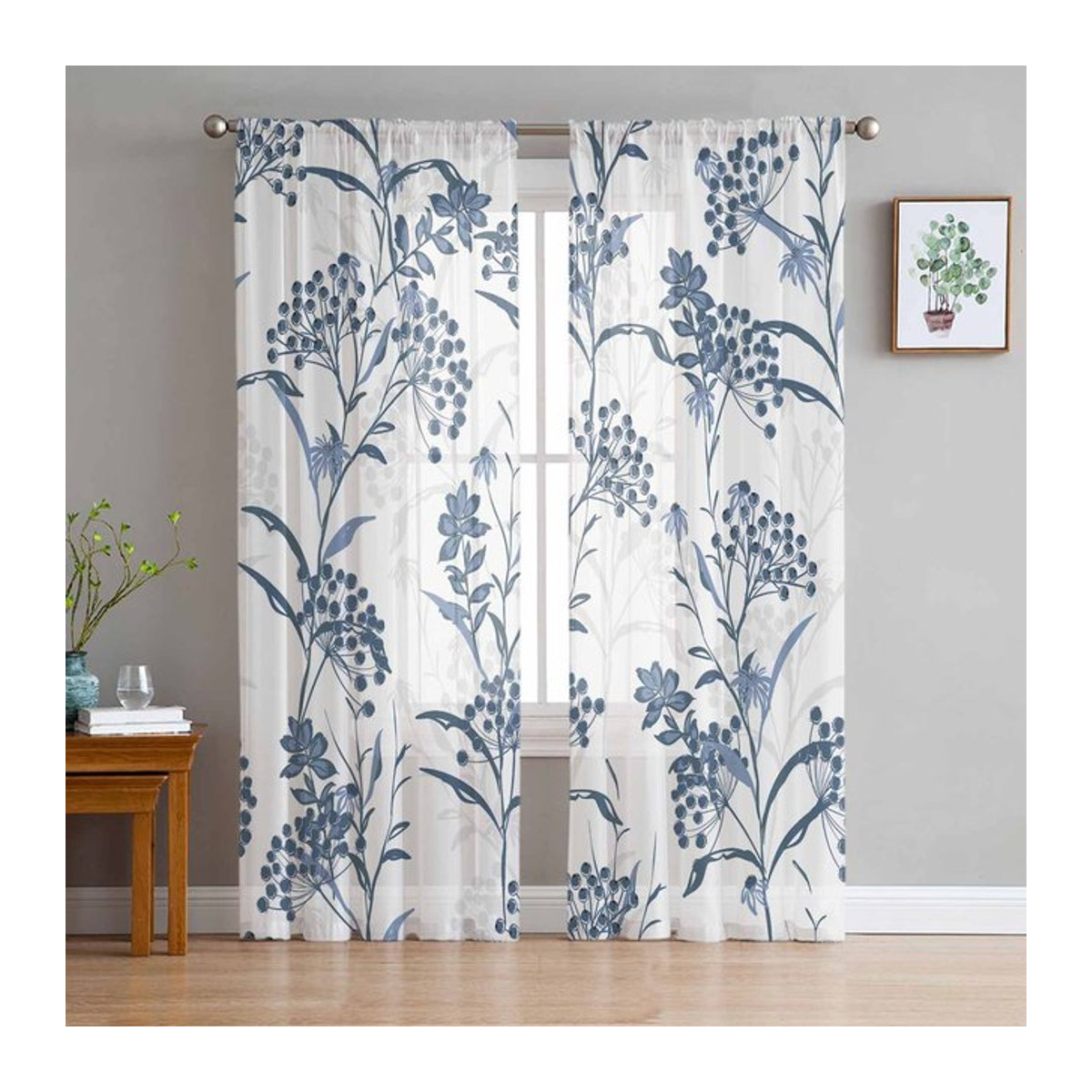 Transparente Tüll-Vorhänge mit Pflanzenstruktur von Binchi Outdoor Equipment in Blau, B: 135 cm, H: 114 cm - Bild 1
