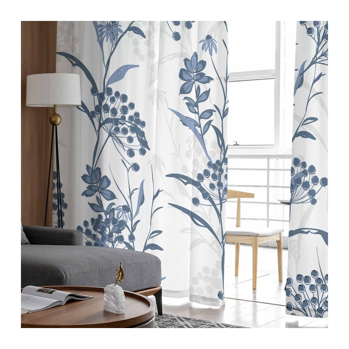 Transparente Tüll-Vorhänge mit Pflanzenstruktur von Binchi Outdoor Equipment in Blau, B: 135 cm, H: 114 cm - Bild 3