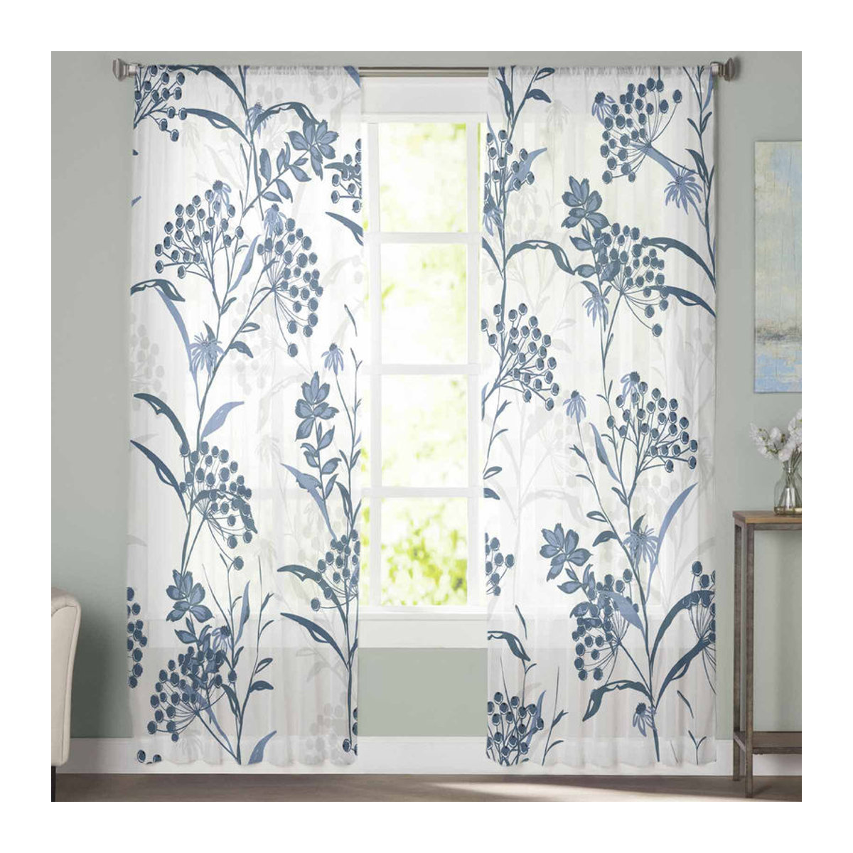 Transparente Tüll-Vorhänge mit Pflanzenstruktur von Binchi Outdoor Equipment in Blau, B: 135 cm, H: 114 cm - Bild 4
