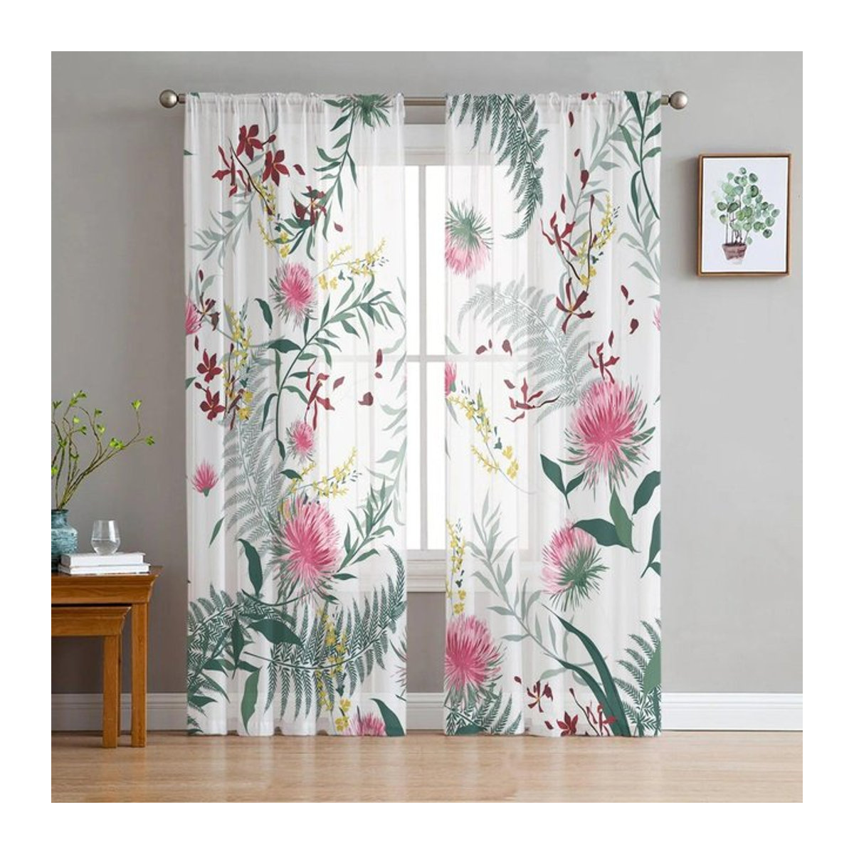 Transparente Tüll-Vorhänge mit Rhododendron-Blättern und Zweigen für Wohnzimmer, Küche oder Schlafzimmer, B: 135 cm, H: 114 cm - Bild 1