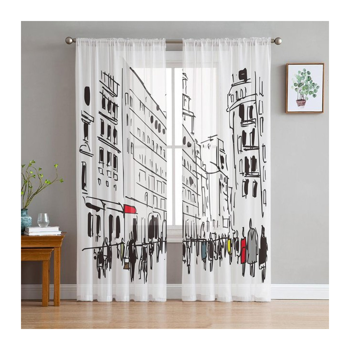 Transparente Tüll Vorhänge mit urbanem architektonischem Skizzenmuster für Wohnzimmer, Schlafzimmer und Küche, B: 135 cm, H: 114 cm - Bild 1