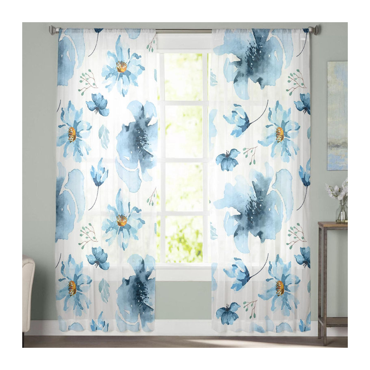 Transparente Tüllvorhänge mit blauem Aquarell-Blumenmuster für Wohnzimmer und Schlafzimmer, Breite: 135 cm, Höhe: 183 cm, 2er-Set - Bild 2