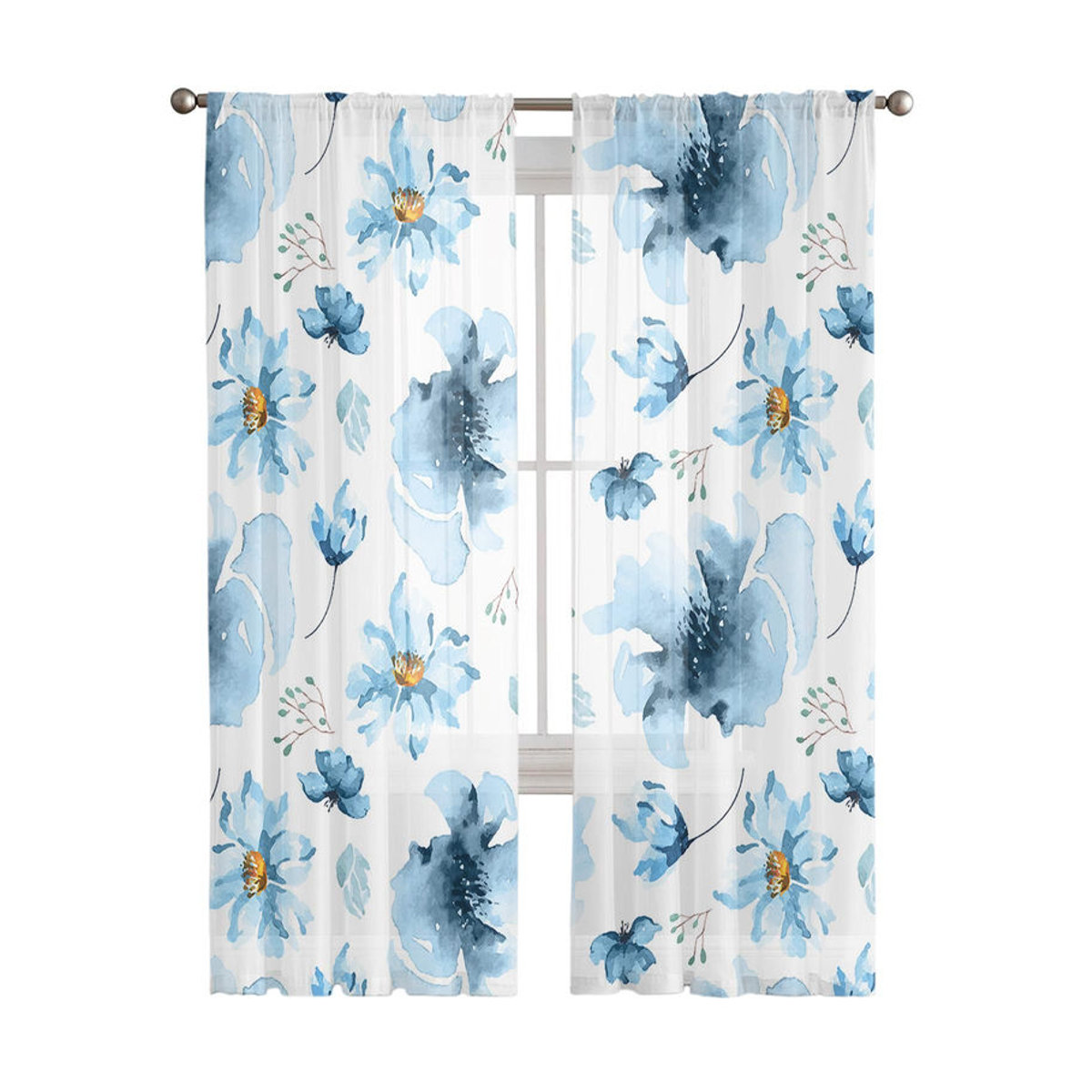 Transparente Tüllvorhänge mit blauem Aquarell-Blumenmuster für Wohnzimmer und Schlafzimmer, Breite: 135 cm, Höhe: 183 cm, 2er-Set - Bild 3