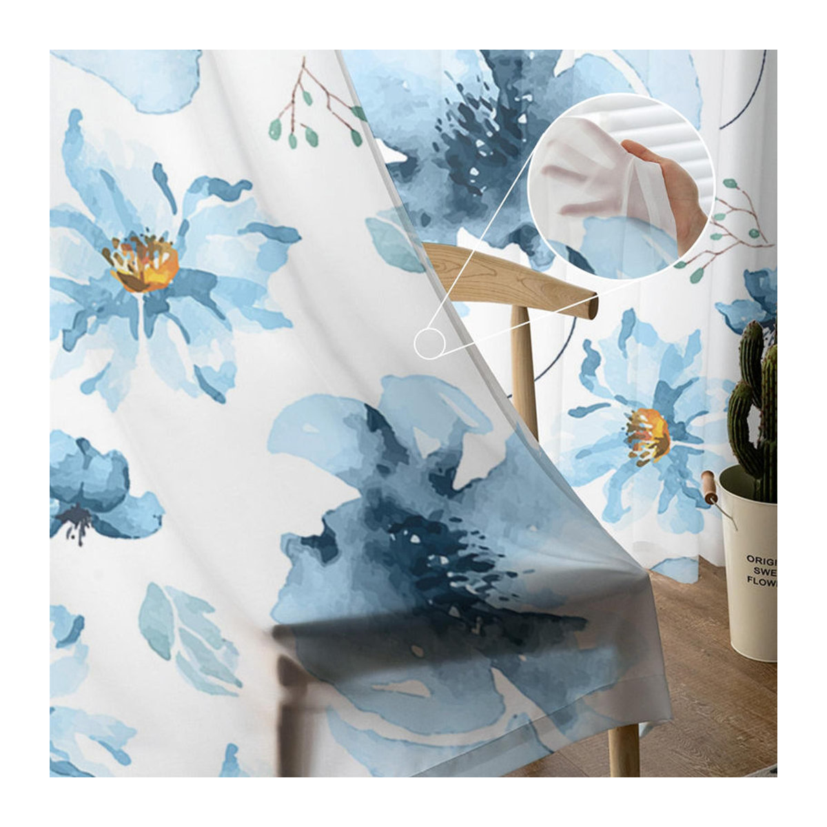 Transparente Tüllvorhänge mit blauem Aquarell-Blumenmuster für Wohnzimmer und Schlafzimmer, Breite: 135 cm, Höhe: 183 cm, 2er-Set - Bild 4