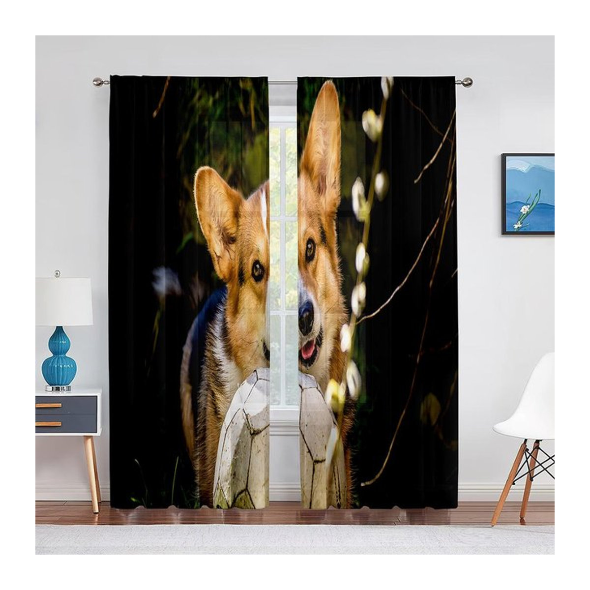 Transparente Tüllvorhänge mit Corgi-Welpe im Blumenfeld für Küche, Wohnzimmer oder Schlafzimmer, Breite: 100 cm, Höhe: 250 cm - Bild 1
