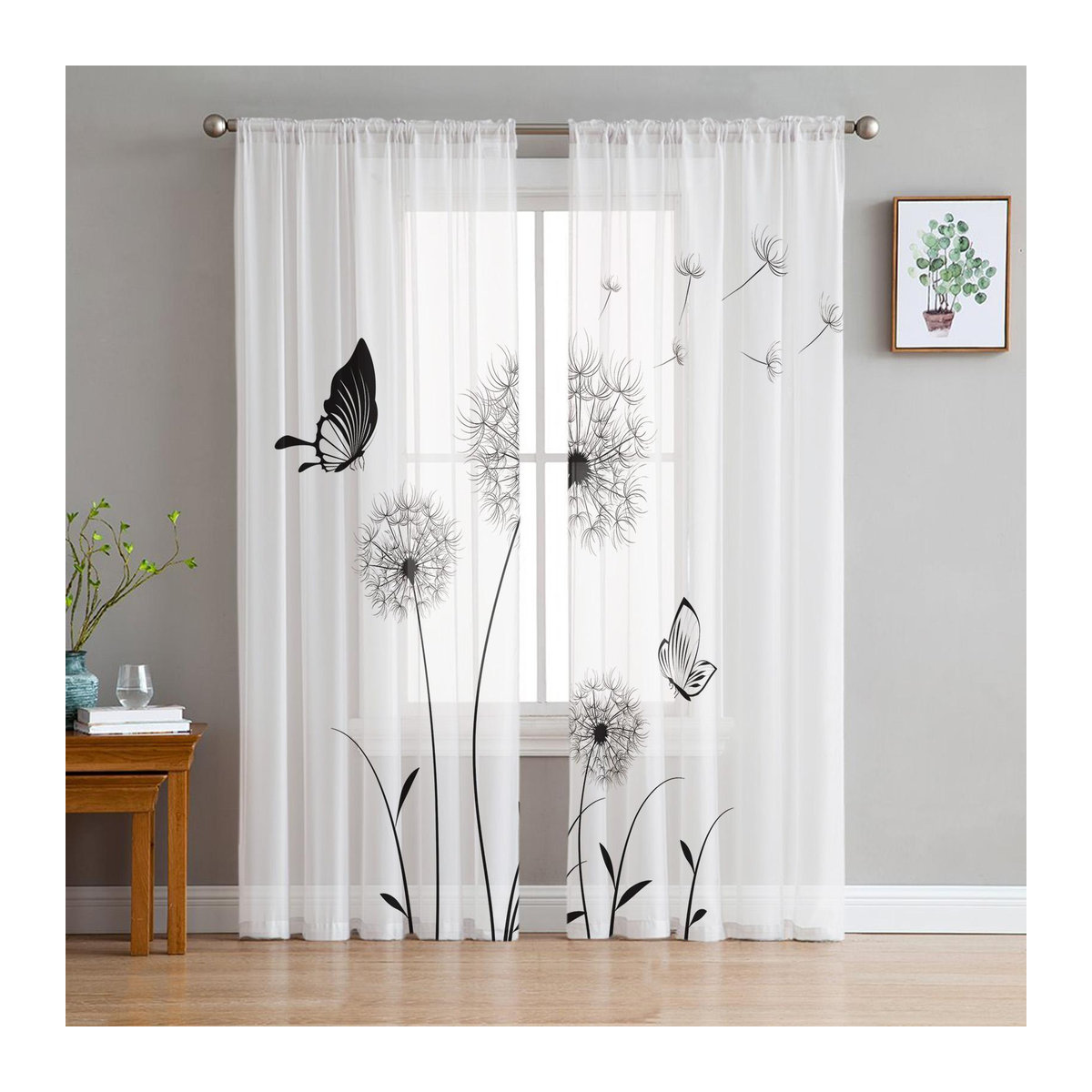 Transparente Tüllvorhänge mit Löwenzahnmuster für Wohnzimmer, Schlafzimmer und Küche, Breite: 135 cm, Höhe: 114 cm - Bild 1