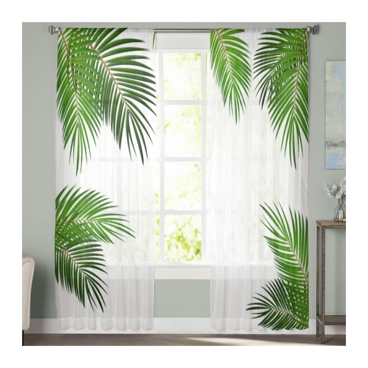 Transparente Tüllvorhänge mit tropischen grünen Pflanzenblättern von A Family Of Home Textiles für Wohnzimmer und Schlafzimmer, B: 135 cm, H: 114 cm - Bild 1