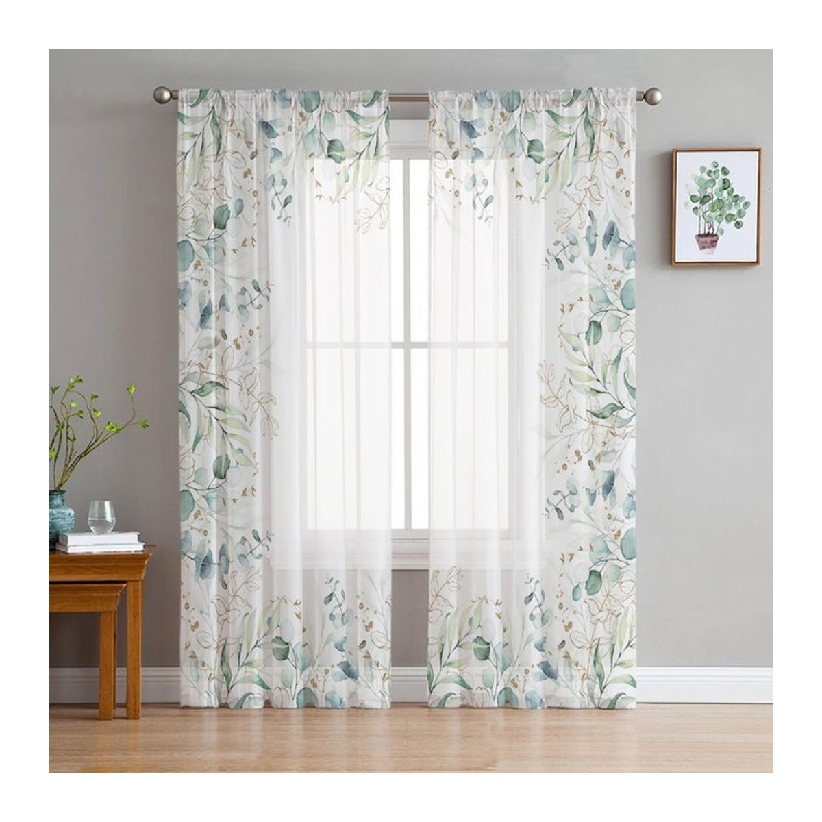 Transparente Voile-Gardine mit Aquarell-Eukalyptusblatt-Design für Wohnzimmer und Schlafzimmer, B: 135 cm, H: 114 cm - Bild 1