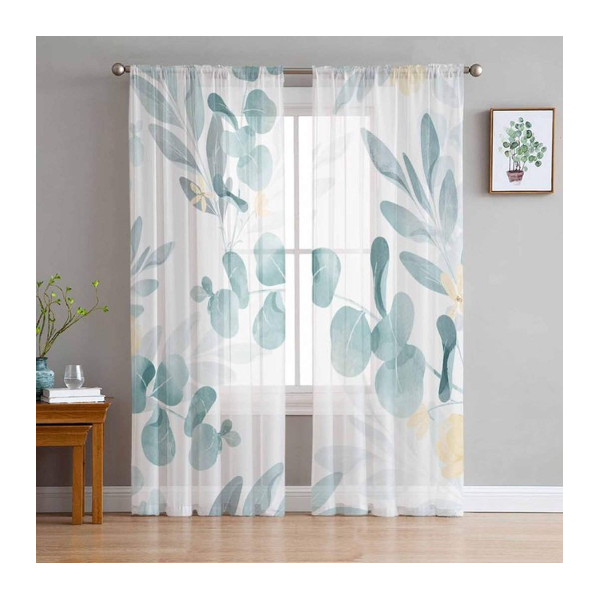 Transparente Voile-Gardine mit Blumen-Aquarell-Design für Schlafzimmer und Wohnzimmer, Breite: 135 cm, Höhe: 114 cm - Bild 1