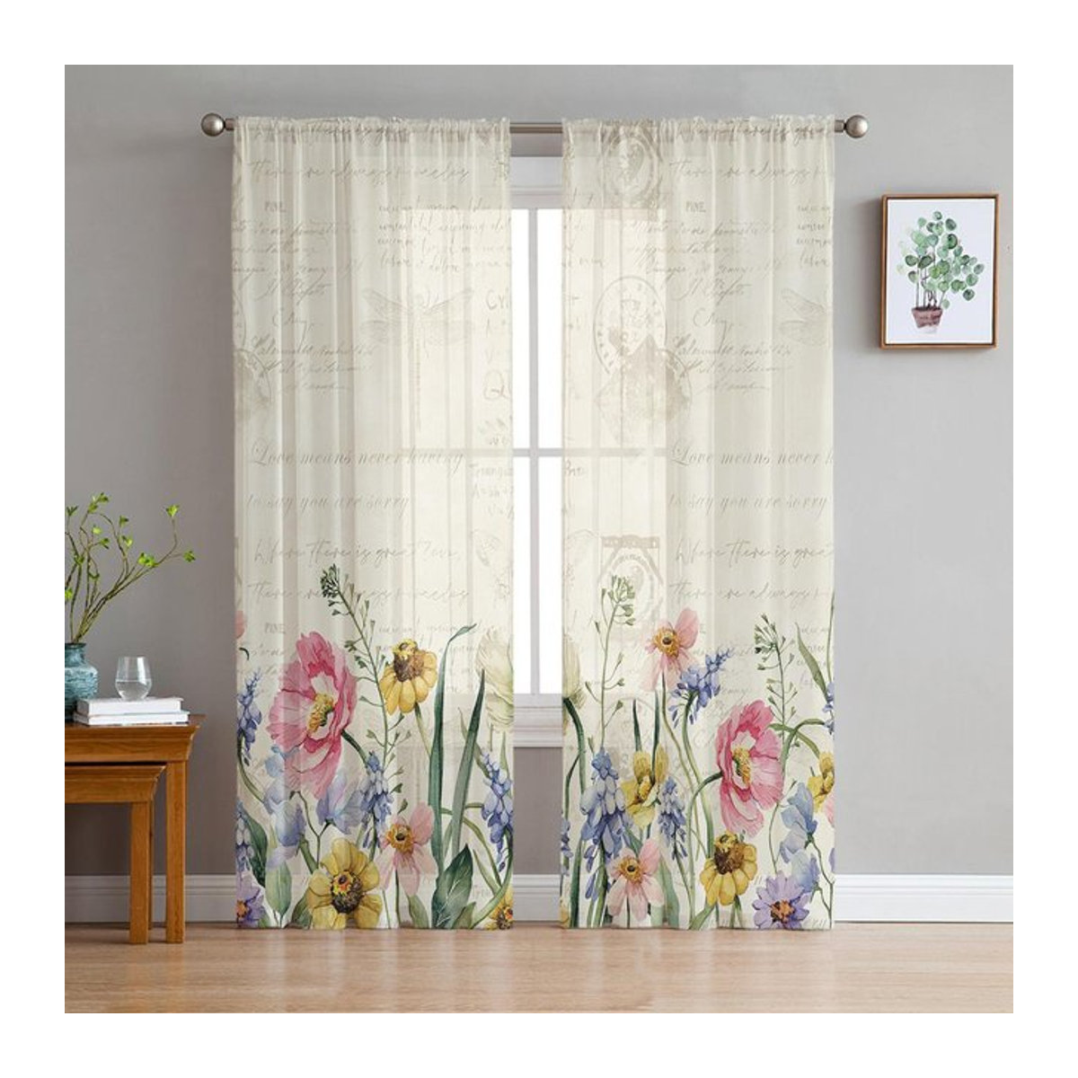 Transparente Voile Gardine mit Frühlingsblumen und Wildblumen für Wohnzimmer, Küche oder Schlafzimmer, B: 135 cm, H: 114 cm - Bild 1