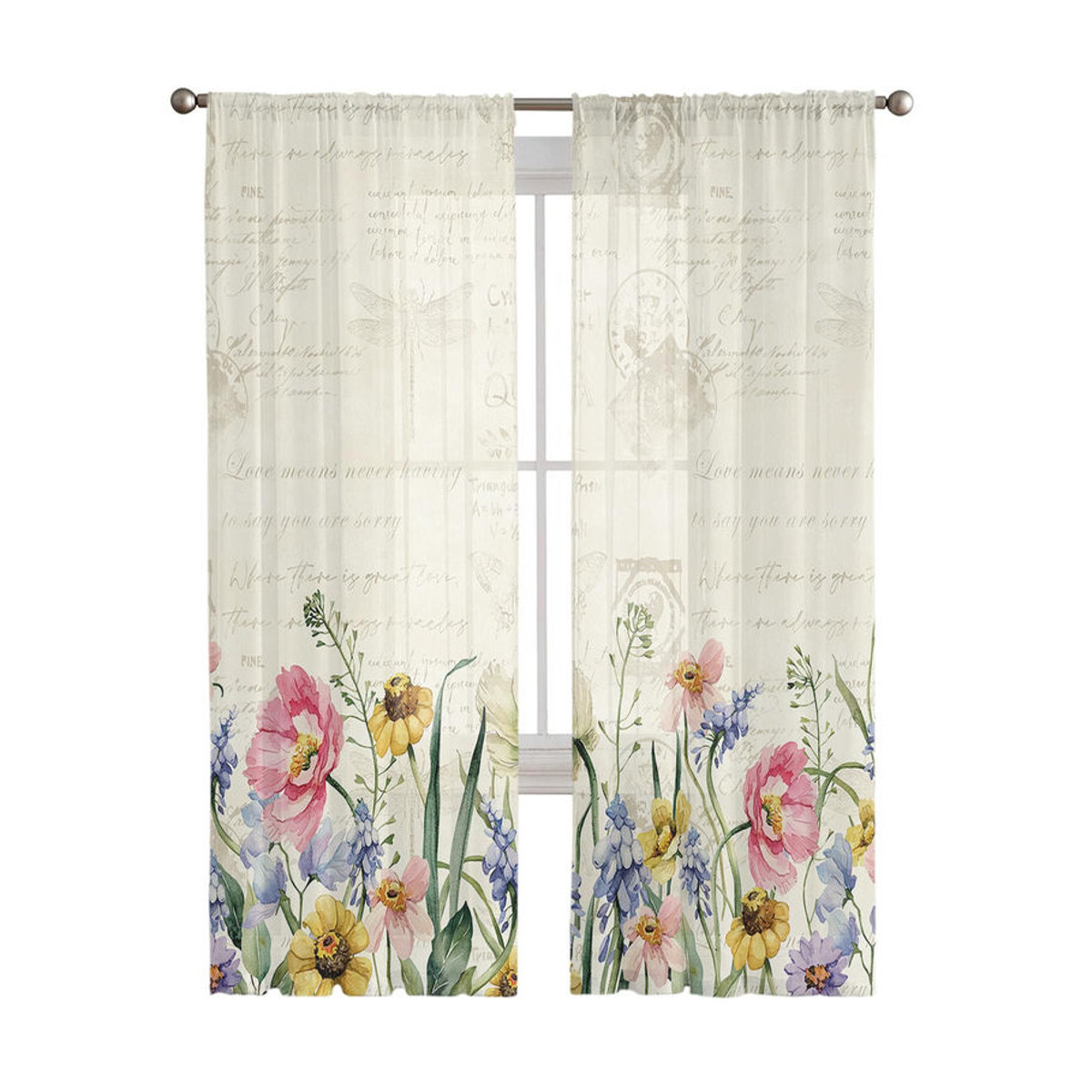 Transparente Voile Gardine mit Frühlingsblumen und Wildblumen für Wohnzimmer, Küche oder Schlafzimmer, B: 135 cm, H: 114 cm - Bild 2