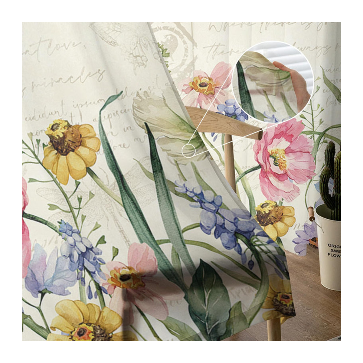 Transparente Voile Gardine mit Frühlingsblumen und Wildblumen für Wohnzimmer, Küche oder Schlafzimmer, B: 135 cm, H: 114 cm - Bild 3