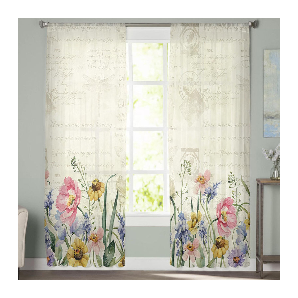 Transparente Voile Gardine mit Frühlingsblumen und Wildblumen für Wohnzimmer, Küche oder Schlafzimmer, B: 135 cm, H: 114 cm - Bild 4