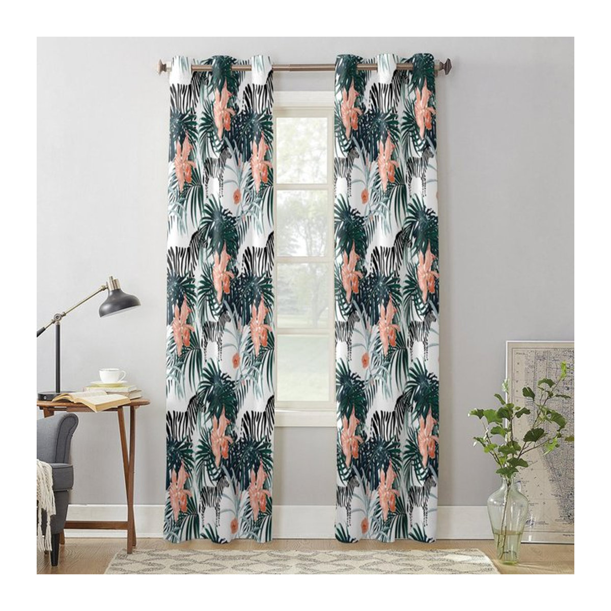 Transparente Voile Gardine mit Schildkröten- und Blumenmuster in Zebra-Optik für Wohnzimmer, Schlafzimmer und Küche, Breite: 135 cm, Höhe: 60 cm - Bild 1